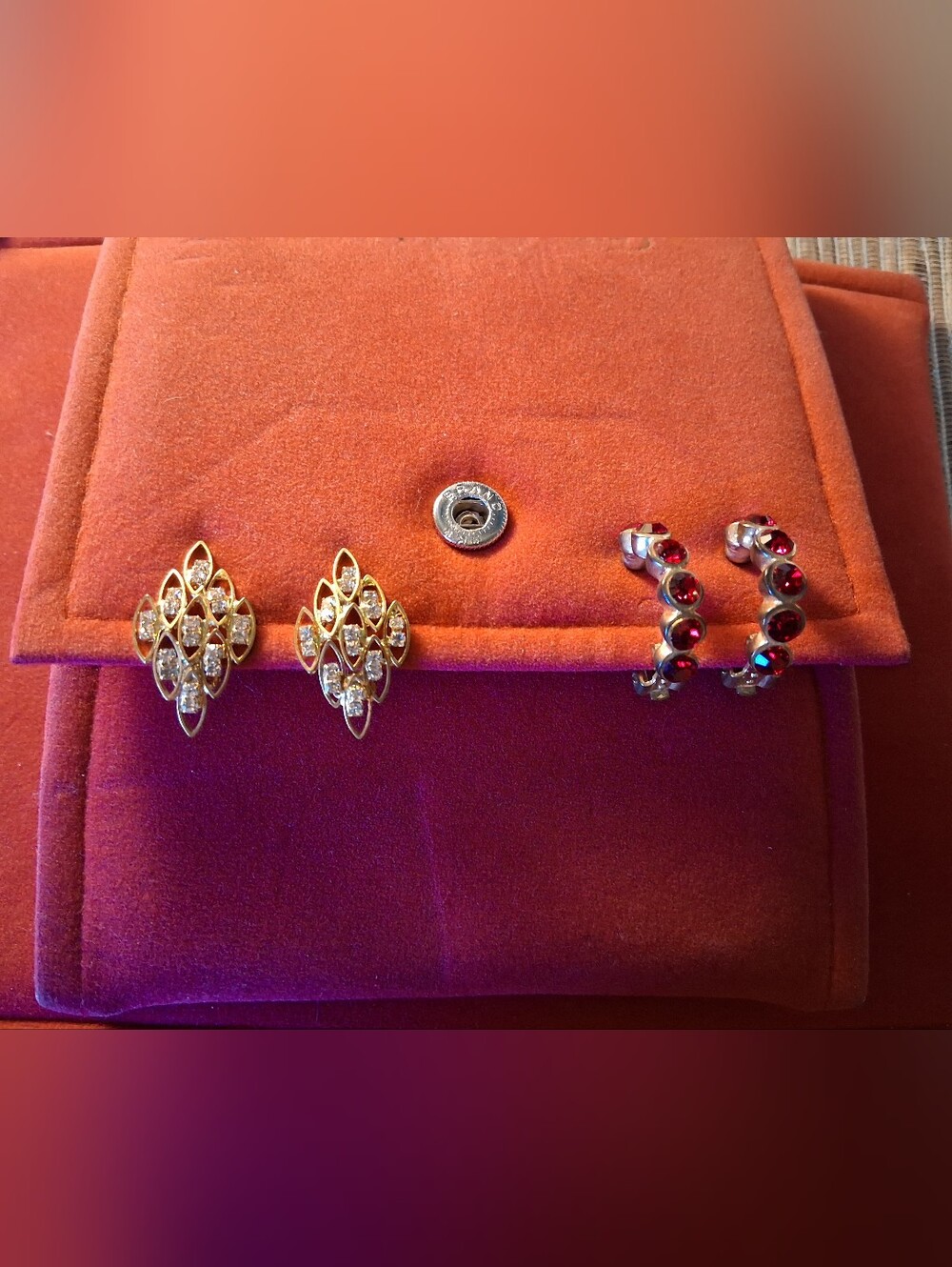 Bundle of 2 Vintage Clip-On Earrings Gold Tone Lattice & Ruby Red Rhinestones